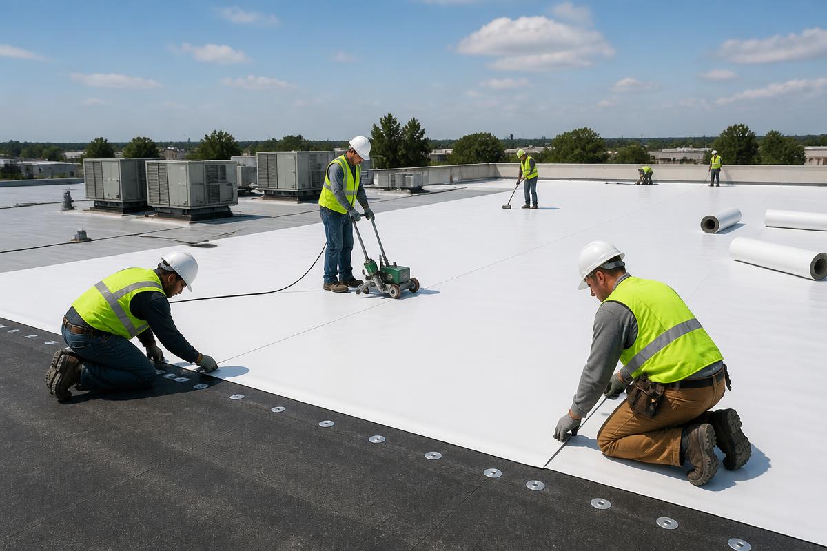 Commercial flat roof installation with TPO membrane