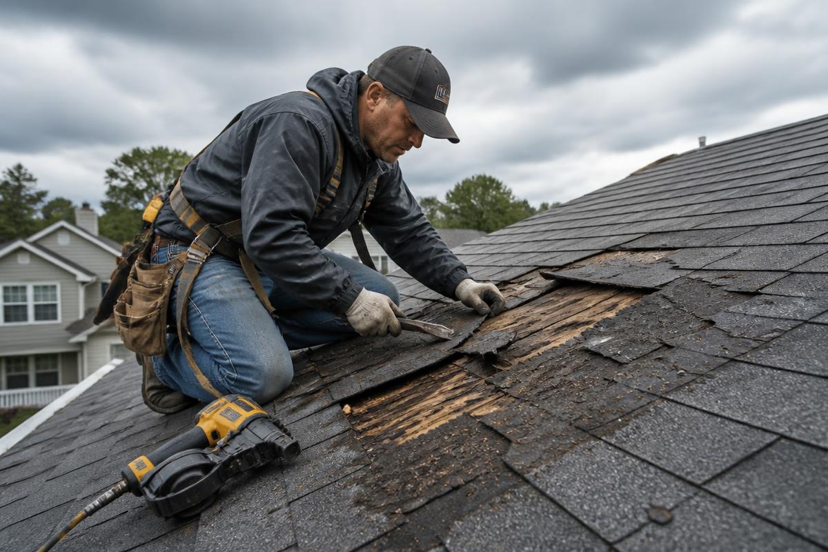 Contractor repairing storm damaged roof shingles