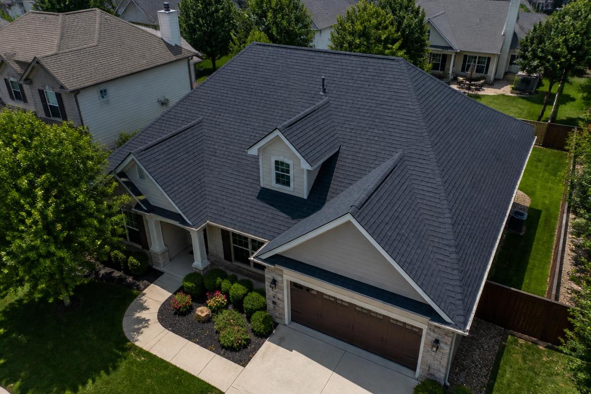 Completed residential roof replacement with charcoal asphalt shingles